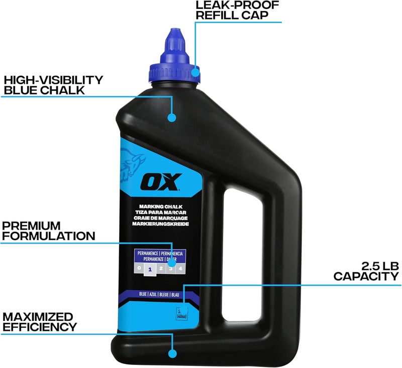 Ox Pro Series Blue Chalk Line Powder 2.5lbs Marking Chalk Refill - Permanent Weather Resistant Construction Line Marking Powder Chalk Line Refill for Chalk Reel -P630808 - Image 2